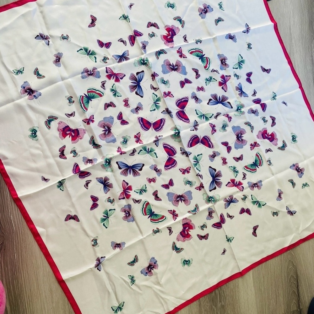 Stefano Bravo Butterfly Print Scarf with Red Border silk scarf